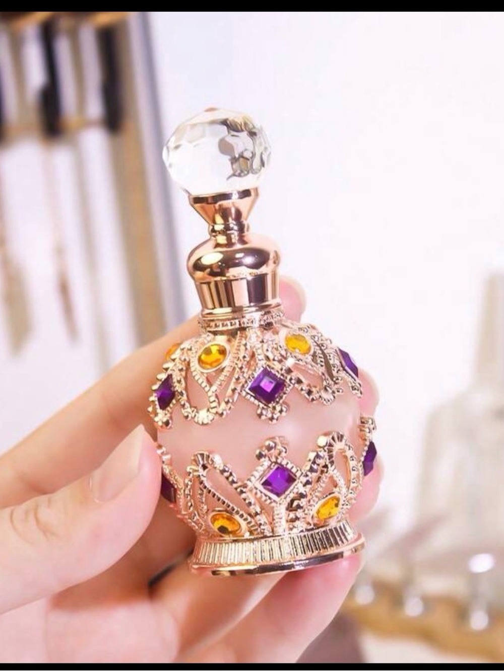 Ornate Pink Jeweled Mini Perfume Bottle with Purple & Amber Gems